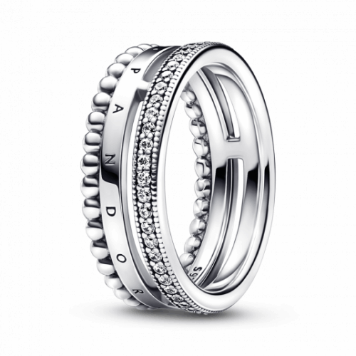 PANDORA gyűrű Signature Logo Pavé és gyöngyök gyűrű 192312C01