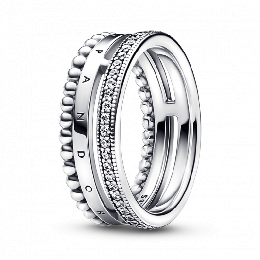 PANDORA gyűrű Signature Logo Pavé és gyöngyök gyűrű 192312C01
