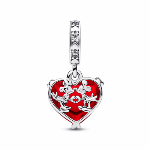 PANDORA Disney Mickey és Minnie egér csók piros muranói üveg függő charm