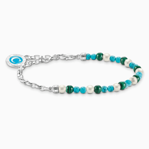 THOMAS SABO báj karkötő Kék gyöngyökkel és Charmista koronggal karkötő A2130-158-7