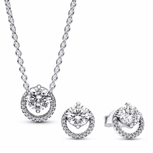 PANDORA nyaklánc és fülbevaló szett Round Halo szett 391174C01-45+291248C01