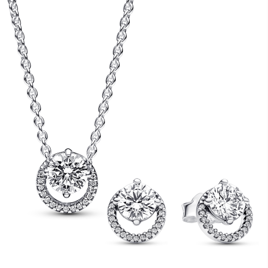 PANDORA nyaklánc és fülbevaló szett Round Halo szett 391174C01-45+291248C01